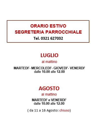 Locandina: Orari della segreteria parrocchiale nel periodo estivo