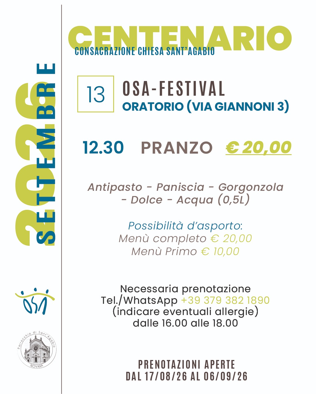 Locandina: CENTENARIO-13 Settembre2026- Prenotazione del pranzo